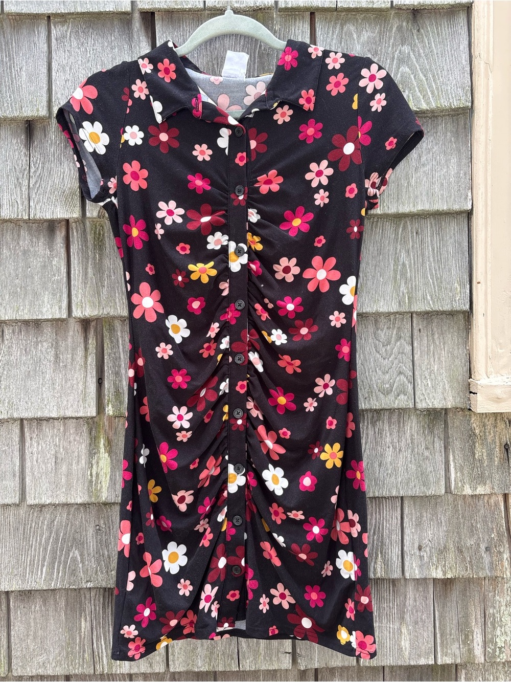 No Boundaries Black Floral Ruched Front Dress with Pink & Yellow Flowers